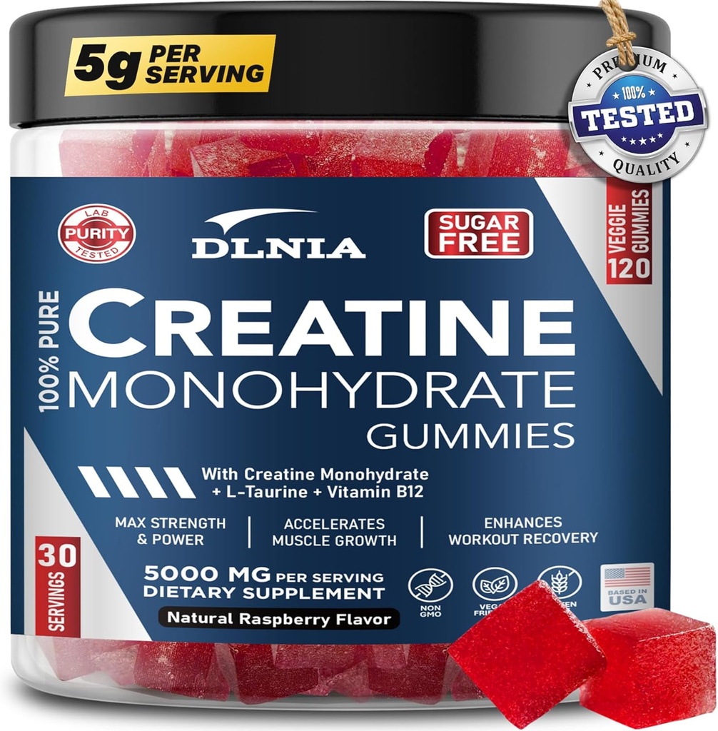 120 Creatinine monohydrat gummier for mænd og kvinder, Vegan- Friendly, sukkerfri, & Tasty Chewables - Instantized Creatinine gummies for Enhanced Muscles Growth, Recovery, & Performance (Hindbær)