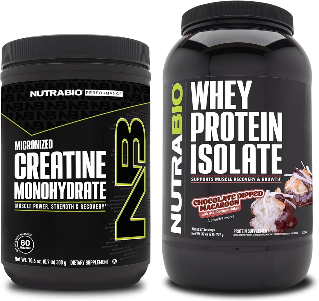 NutraBio Creatin monohydrat, Unflavored, 300g og Whey Protein Isolate, Chokolade Dipped Macaroon, Supplement Bundle - Muskelenergi, Lean Muskelvækst, Inddrivelse, og Styrke