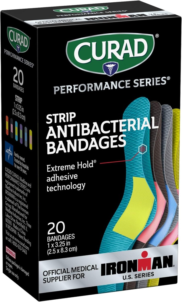 CURAD Performance Series IRONMAN Antibakterielle Bandages, Extreme Hold Adhesive Technology, Standard Størrelse Fleksible stofbånd til udskæringer, Scrapes, & Burns, Assorterede Farver, 1 x 3,25 inches, 20 Greve