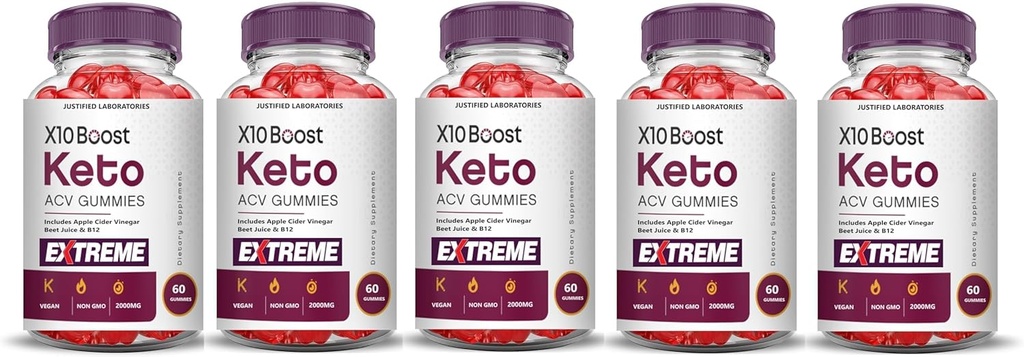 Justified Laboratories (5 Pack X10 Boost Keto ACV Gummies Extreme 2000MG X 10 Boost Keto Gummies Apple Cider Vinagar Formuleret med Pomegranate Beet Juice Powder B12 Vegan Non GMO 300 Gummys