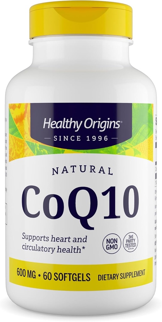 Sunde Origin ® CoQ10 600 mg - Natural Trans- Isomer Ubiquinone - Gær gæret, Understøtter hjertesundhed & cellulær energi - Non- GMO 60 Softgels