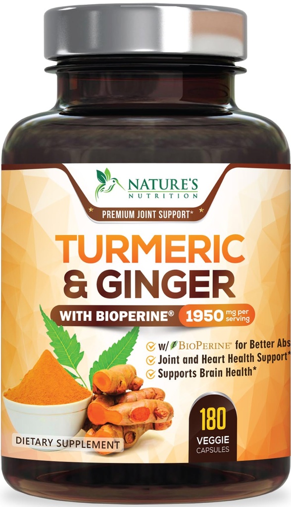 Gurkemeje Supplement 1950mg - 95% Curcuminoider med Økologisk Gurkemeje & Ginger, BioPerine Black Pepper til bedste Absorption, Nature 's Vegan Joint Support, Non- GMO, Flasket i USA - 180 Kapsler