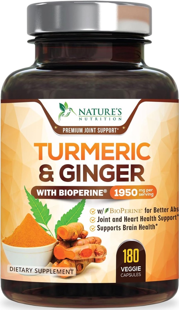 Gurkemeje Supplement 1950mg - 95% Curcuminoider med Økologisk Gurkemeje & Ginger, BioPerine Black Pepper til bedste Absorption, Nature 's Vegan Joint Support, Non- GMO, Flasket i USA - 180 Kapsler