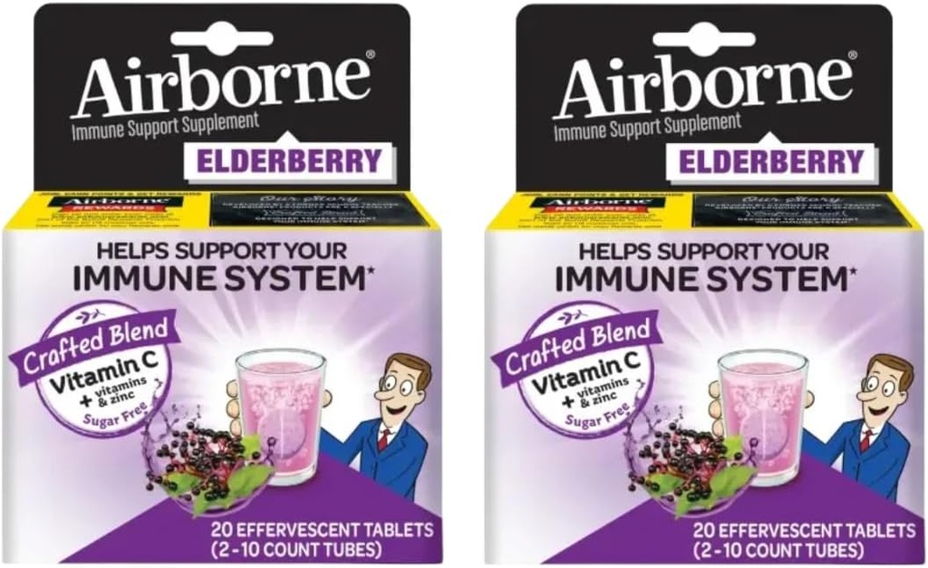 Elderberry Extract + vitamin C 1000mg (per servering) - Airborne Effervescent tabletter (20ct), Gluten- Free immunsupport supplement, med Vitamin A C E, ZINC & Selenium, Sukker fri (pakke med 2)