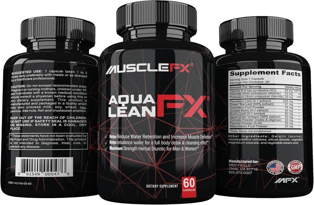 AquaLean FX Maksimal styrke Diuretic Water Away Pills for Water Retention and Lean Muscle Defination for Mænd og Kvinder, 60 kapsler