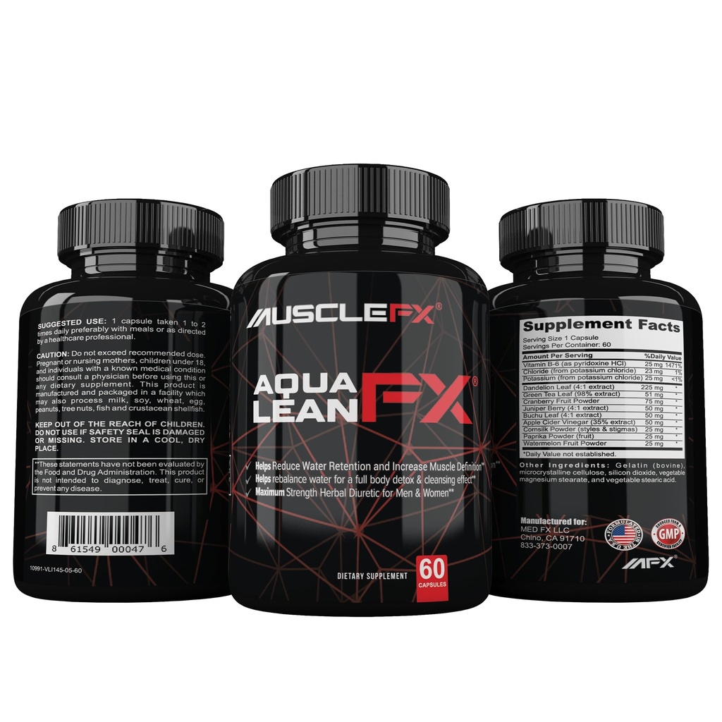 AquaLean FX Maksimal styrke Diuretic Water Away Pills for Water Retention and Lean Muscle Defination for Mænd og Kvinder, 60 kapsler