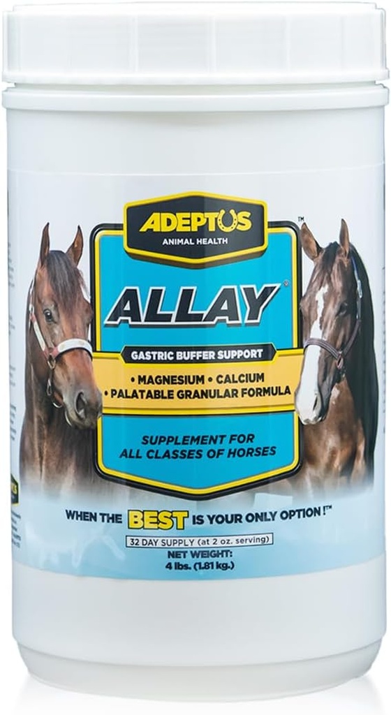 Adeptus Nutrition Allay Equine Supplement, fordøjelig buffer w / calcium & Magnesium, Calming Granulær formel w / lakrids, Prebiotic Base, Gær Kultur, støtte til alle klasser af heste, 4 Lbs
