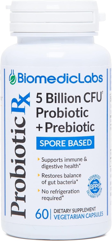 Probiotisk Rx: 5 Millioner CFU - Probiotisk + Prebiotisk - Spore- Based - 60- Day Supply - SBO - Understøtter immunforsvar & Gut sundhed - Soil- Based Organisms - Ingen køling kræves