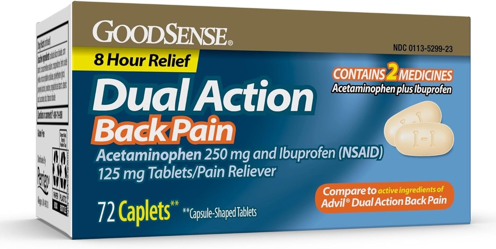 GoodSense Dual Action Acetaminophen and Ibuprofen (NSAID) Tablets, 250 mg / 125 mg, Rygsmerter, 72 Count