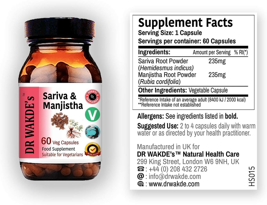 DR WAKDE 's Sariva & Manjistha Capsules (60 Veg Caps, afgiftende urter, støtter sund hud, Ayurvedic Supplement, Vegan, Herbal, All Natural, Made in UK)
