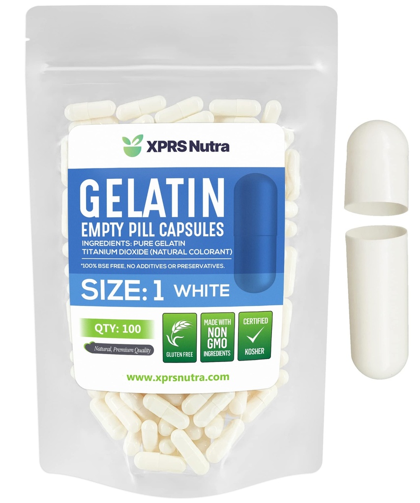 XPRS Nutra Størrelse 1 Tomme kapsler - 100 Tomme Gelatine kapsler - Pille gør det - Pure Bovin Pille Gel Caps til Do- It- Yourself Kosttilskud (hvid)