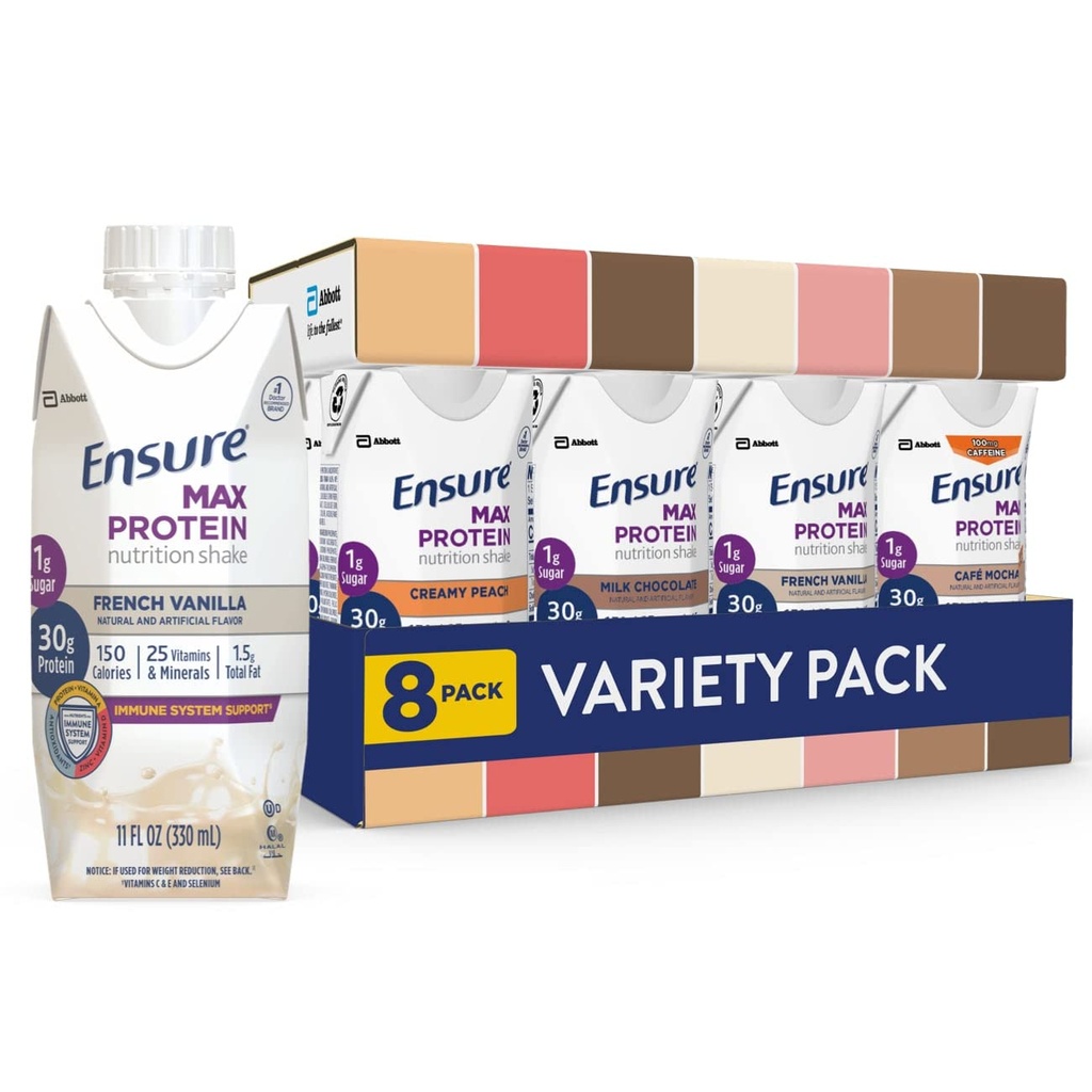 Sikre Max Protein Nutrition Shakes, Variety Pack, med 30g protein, 1g sukker, næringsstoffer til støtte immunsystemet sundhed, High Protein Shake, 11 fl oz, pakke med 8, Væske