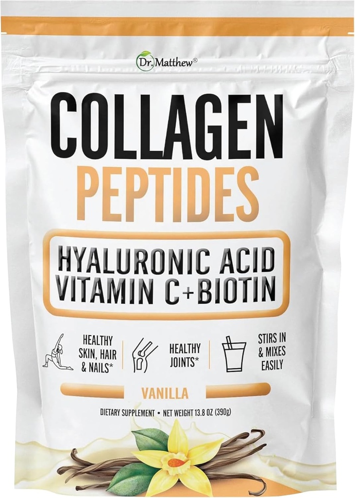 Dr. Matthew Vanilla Collagen protein pulver med hyaluronsyre, C-vitamin og biotin til hår, hud, negle, fælles. Keto, type 1 og 3.