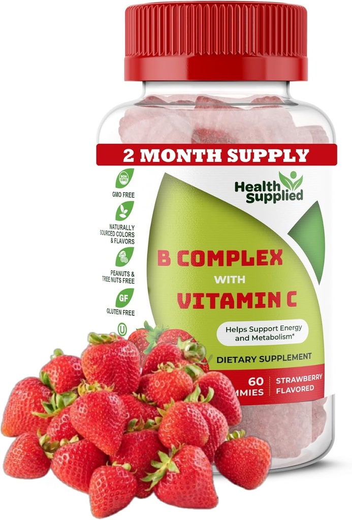 Strawberry Flavored Vitamin B Complex Gummies - B Kompleks med C-vitamin - Understøtter nervesystem og øger energi niveauer - Assister med kognitiv funktion - Stor smag og nem at synke