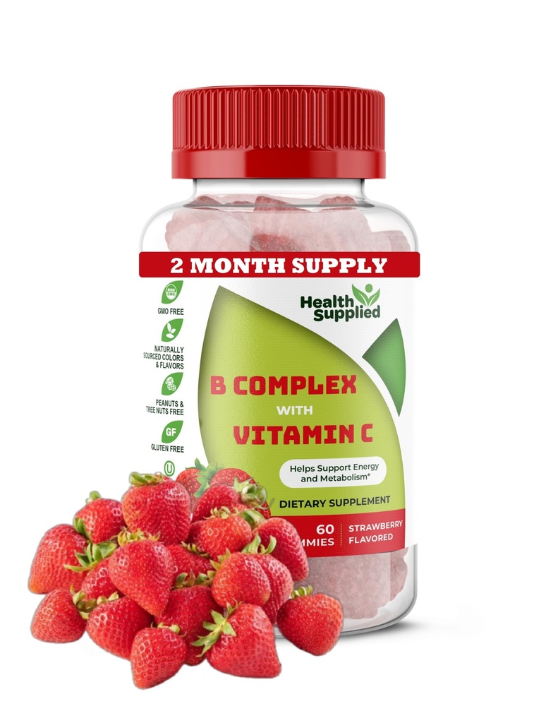 Strawberry Flavored Vitamin B Complex Gummies - B Kompleks med C-vitamin - Understøtter nervesystem og øger energi niveauer - Assister med kognitiv funktion - Stor smag og nem at synke