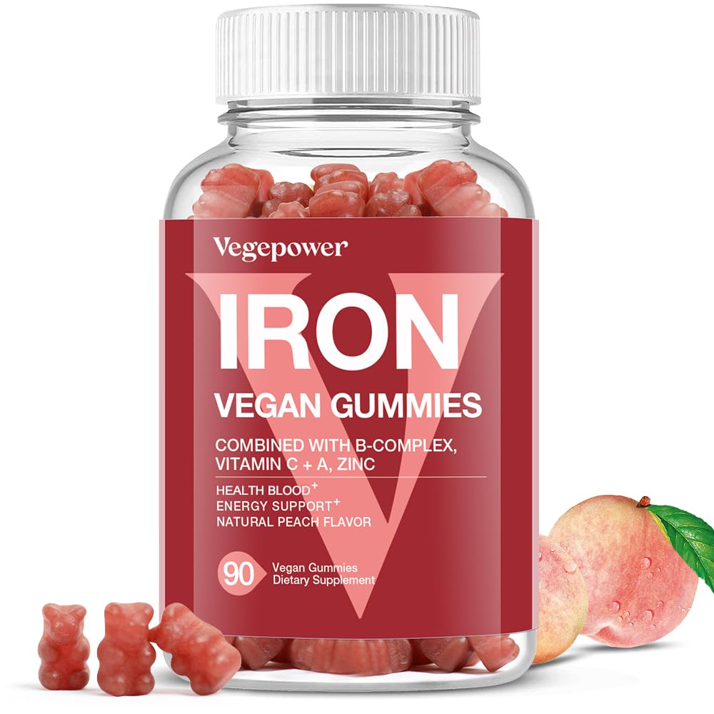 Vegansk jerngumies supplement - med C-vitamin, A, B- kompleks, folat, zink til voksne & børn - Health Blood & Energy Support for Iron Deficiency, Anæmi, Nej Efter smag - Peach Flavor (90 Ct)