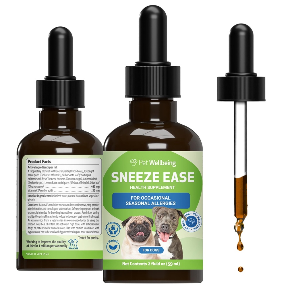 Pet Wellbeing Sneeze Ease for Dogs - Lejlighedsvis Sneezing, Sæsonallergier, Næse & Øjenubehag, Eyebright, Nettles - Veterinarian- Formuleret urtebal Supplement 2 oz (59 ml)