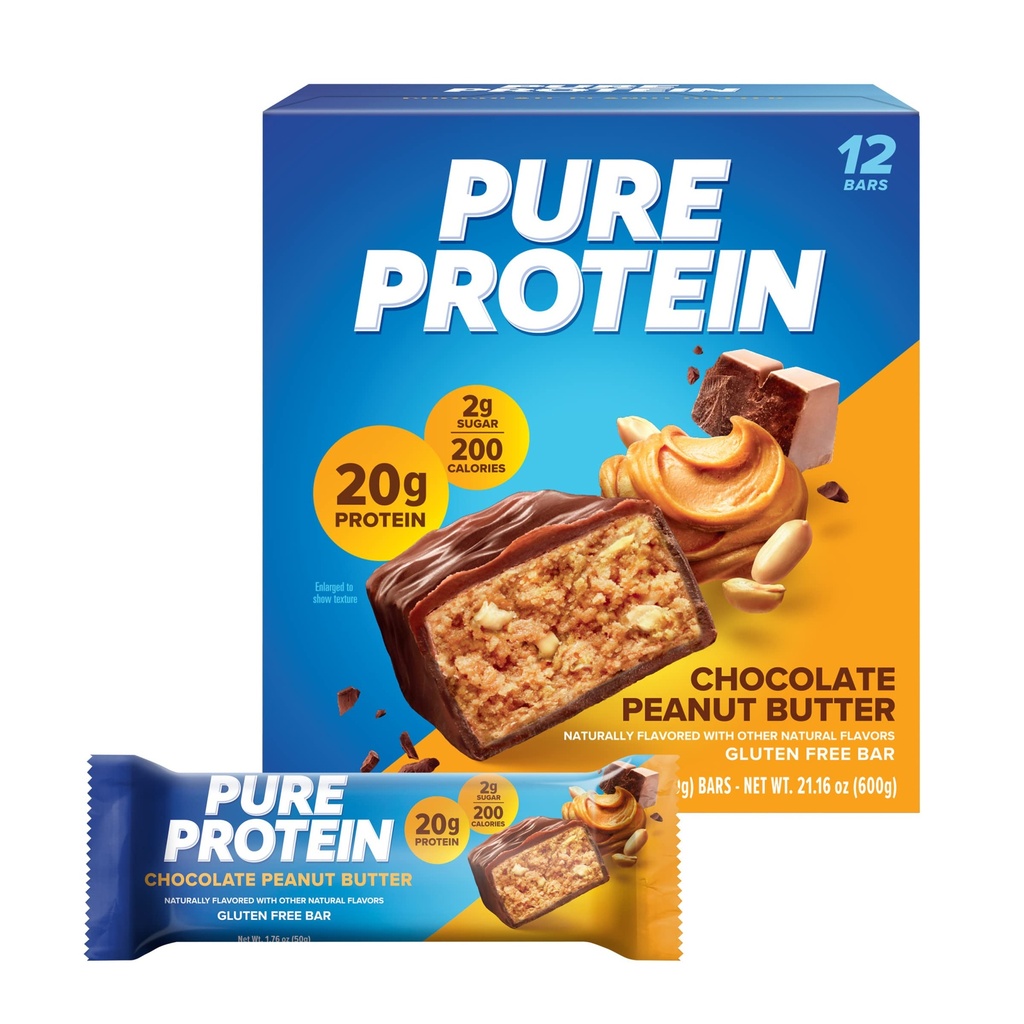 Pure Protein Bars, High Protein, Nutrious Snacks til støtte for energi, Lavsukker, Gluten Free, Chokolade Peanut Butter, 1.76oz, 12 Greve (Packaging May Vary)