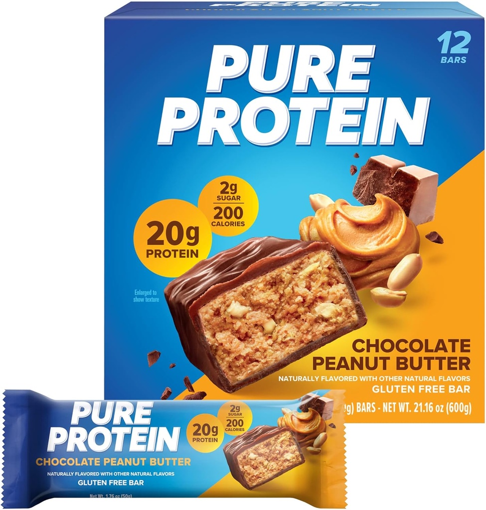 Pure Protein Bars, High Protein, Nutrious Snacks til støtte for energi, Lavsukker, Gluten Free, Chokolade Peanut Butter, 1.76oz, 12 Greve (Packaging May Vary)