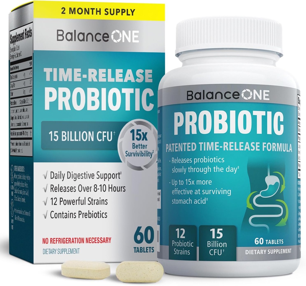Balance One Probiotic for Women & Men - Time- Release Tablets for 15x Survivability - 12- Strain Formel med L. Plantarum & L. Acidophilus - Gut & fordøjelsessygdomme Support - 60 tabletter