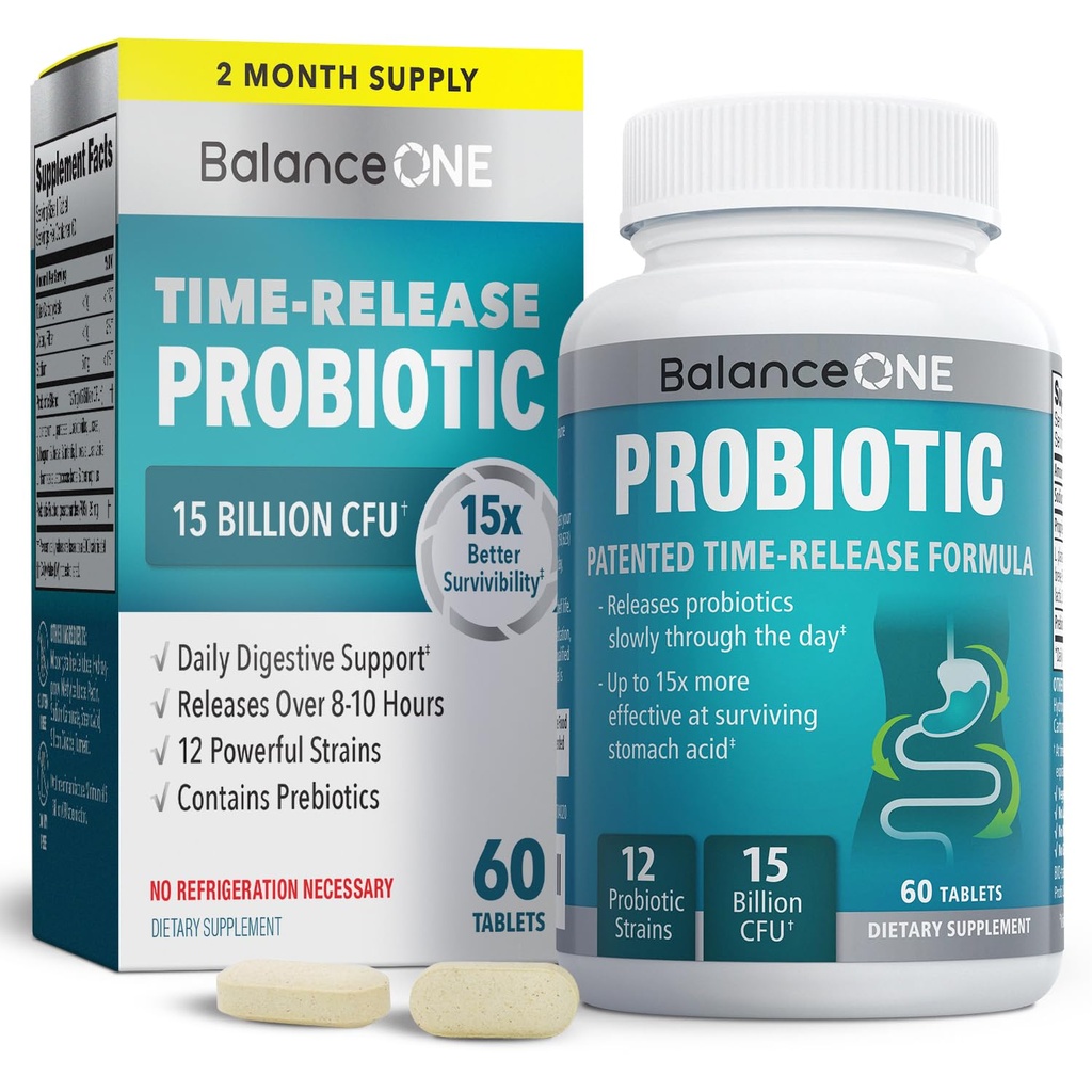 Balance One Probiotic for Women & Men - Time- Release Tablets for 15x Survivability - 12- Strain Formel med L. Plantarum & L. Acidophilus - Gut & fordøjelsessygdomme Support - 60 tabletter