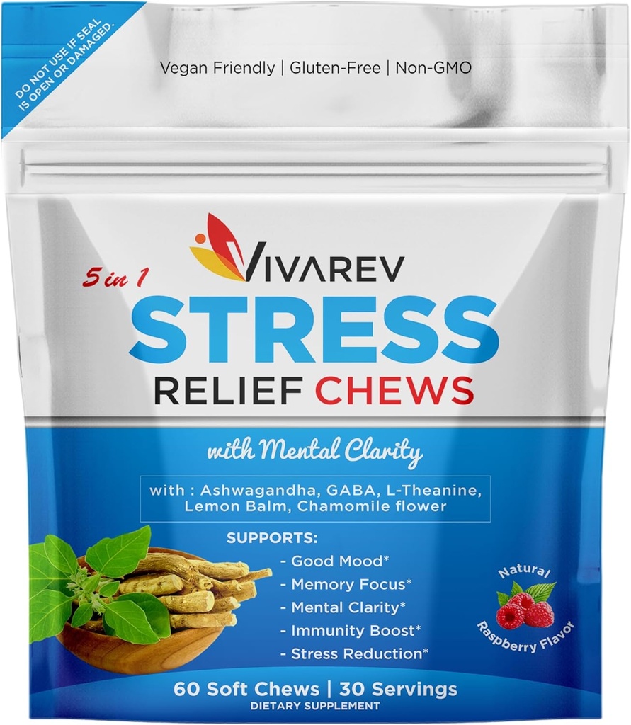 Stress Relief Ashwagandha Gummies - Formuleret med Ashwagandha, GABA, L Theanine, Lemon Balm & Kamille Blomst som en Stress Relief og Focus Supplement- Natural Raspberry Flavor, Pack af 60