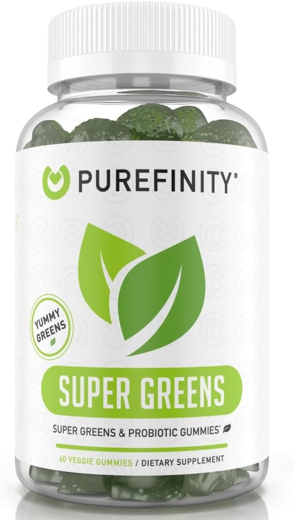 PUREFINITY Daily Super Green Gummies med Spirulina, Spinat, Broccoli, Beet Root, Acai, og andre grøntsager, All- in- One Veggie Supplement - Non-GMO, Gluten Free, Vegan, 60 Greve
