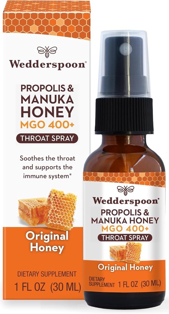 Wedderspoon Propolis og Manuka Honey Throat Spray, Original Honey, 1 Fl Oz (Pack of 1), Sore Throat Relief, Natural immunforsvar