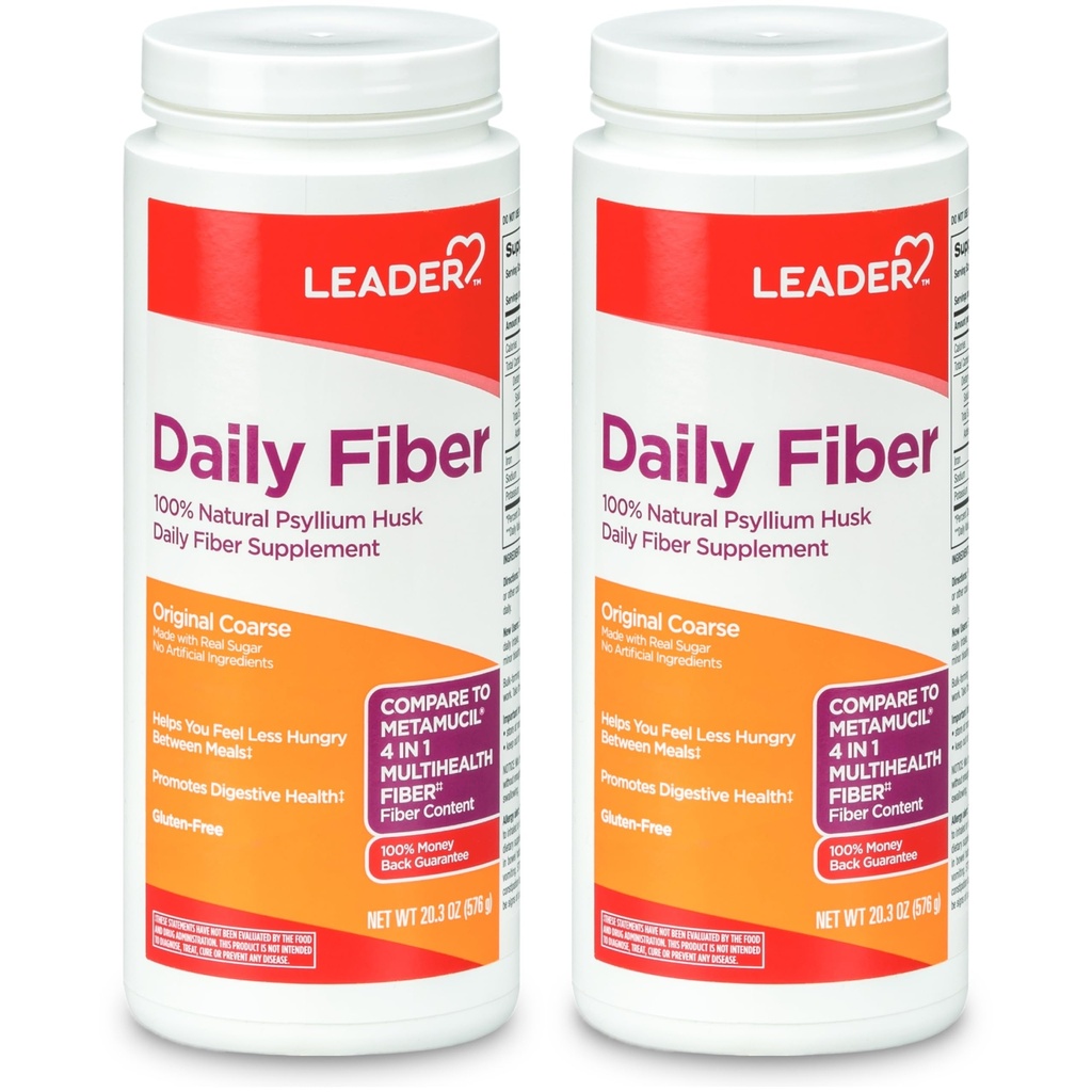 LEADER Psyllium Husk Powder Supplement 4- in-1 Fiber til fordøjelsessygdomme, Plant Based 100% Natural Psyllium Husk Daily Fiber, Gluten Free, Non- GMO, Sammenlign med Metamucil 20.3 OZ (Pack of 2)