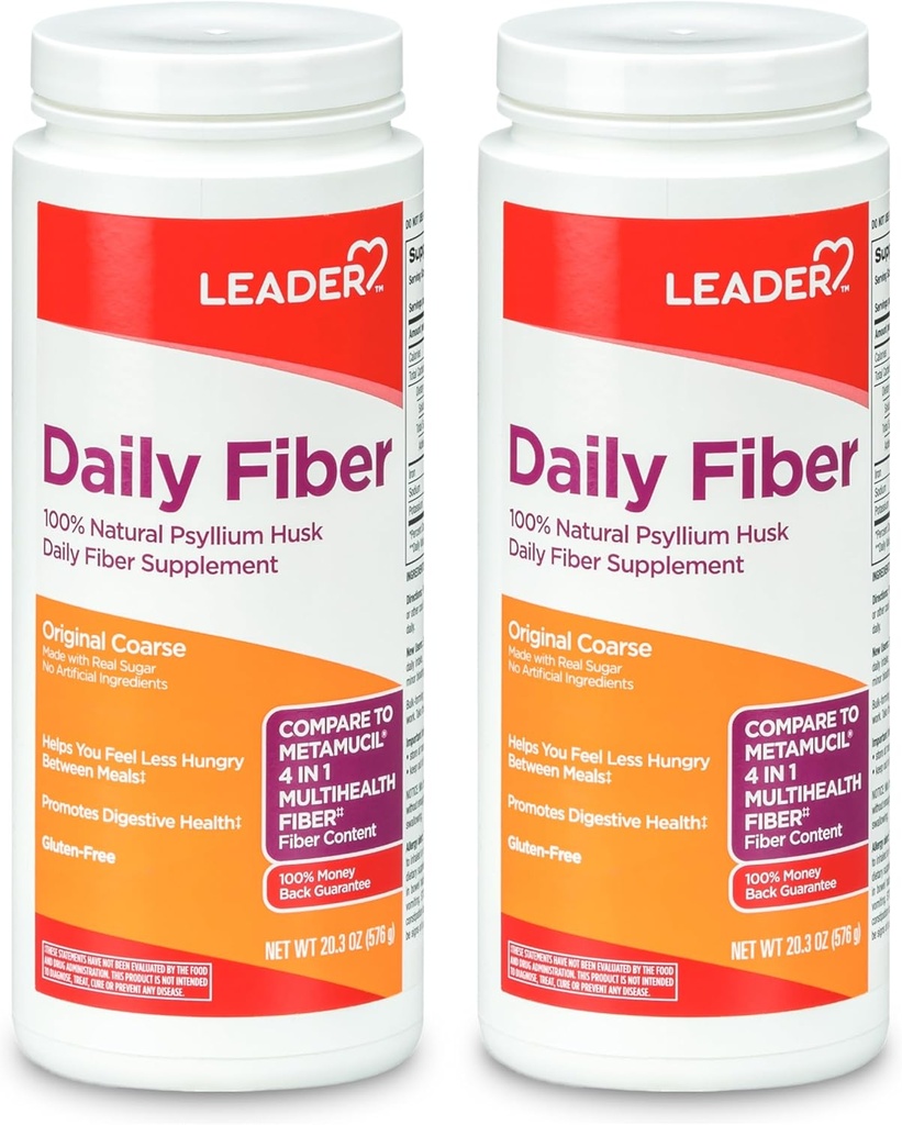 LEADER Psyllium Husk Powder Supplement 4- in-1 Fiber til fordøjelsessygdomme, Plant Based 100% Natural Psyllium Husk Daily Fiber, Gluten Free, Non- GMO, Sammenlign med Metamucil 20.3 OZ (Pack of 2)