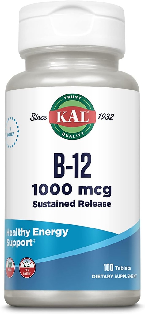 KAL Vitamin B12 1000mcg, Vedvarende Udgivelsestillæg for sund energi, Metabolisme, Heart Health, Nerve og Red Blood Cell Support, Langvarig Formel, Vegan, 100 Servere, 100 tabletter