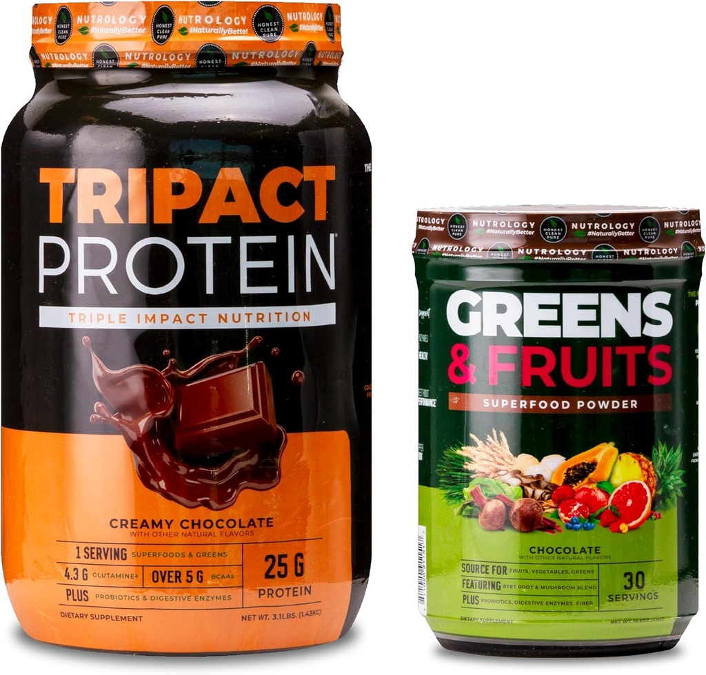 Nutrologi TRIPACT Protein Powder, 7- in-1 Meal Erstatning Shake, Creamy Chocolate (40 Servere) Greens & Fruits Powder- Naturligt sourced Superfood, Chokolade (30 Servere)