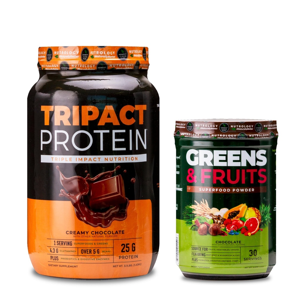 Nutrologi TRIPACT Protein Powder, 7- in-1 Meal Erstatning Shake, Creamy Chocolate (40 Servere) Greens & Fruits Powder- Naturligt sourced Superfood, Chokolade (30 Servere)