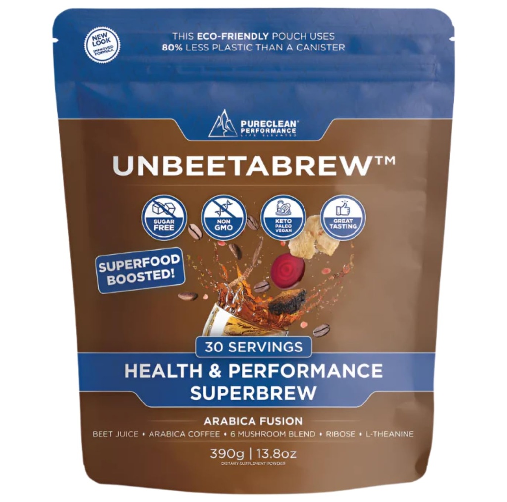 UNBETABREW Organic Beetroot & Mushroom Coffee - Plant- baseret, Energi med Beet Juice, Adaptogens, L- Theanine & D- Ribose - Focus, Strength & Stamina - USA Made with Organic Arabica Beans - 30 Servere