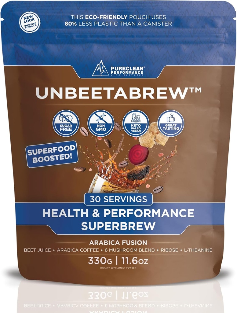 UNBETABREW Organic Beetroot & Mushroom Coffee - Plant- baseret, Energi med Beet Juice, Adaptogens, L- Theanine & D- Ribose - Focus, Strength & Stamina - USA Made with Organic Arabica Beans - 30 Servere