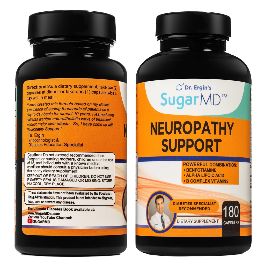 SugarMD neuropati Support Supplement - 180 Nerve Support Kapsler med Alpha Lipoic Acid, Benfotiamin & Vitamin D3 B6 B12 - Nerve Support Supplement for Feet Hands Fingers & Ben - 90 Day Supply