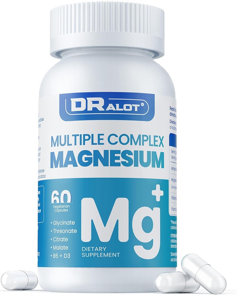 Quadruple Magnesium Supplement, 400mg af chelat Magnesium Glycinat, L- threonat, Citrate & Malate Mex124; Max Absorption Complex w / vitamin D3 & B6, for dvalehjertemuskler Nerver, non- GMO, 60 Vegan Caps