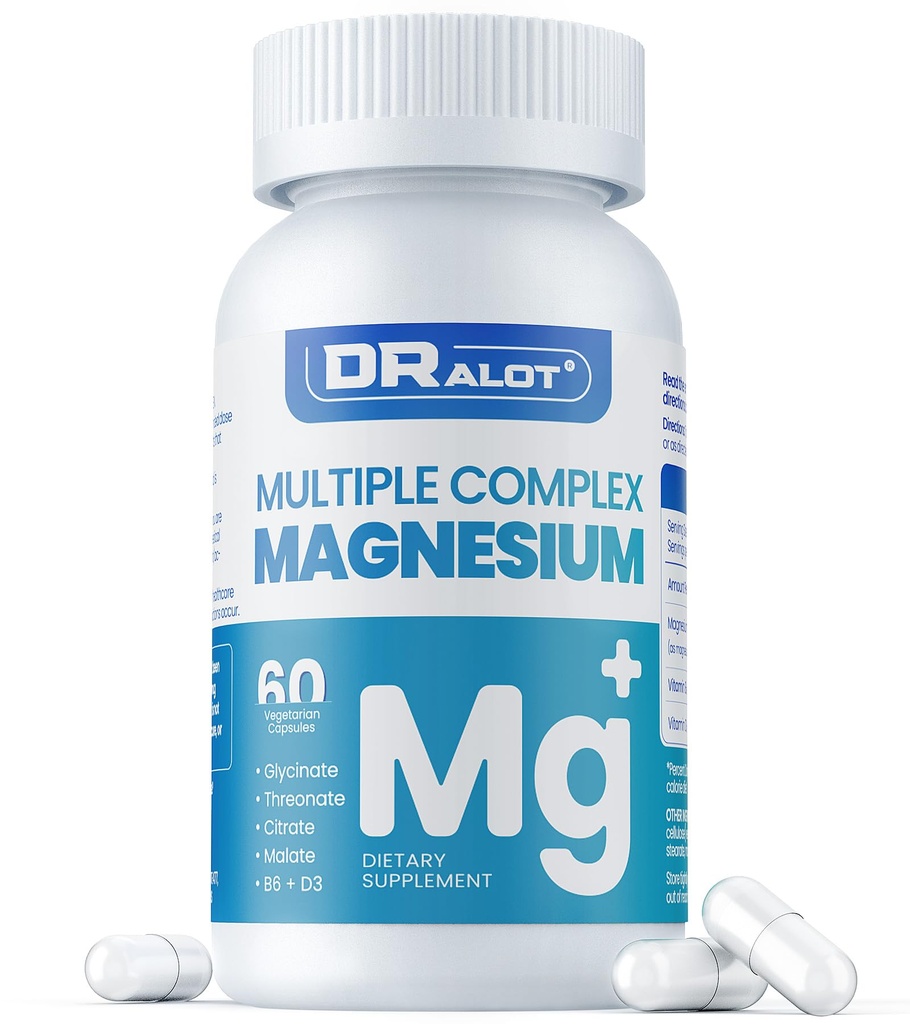 Quadruple Magnesium Supplement, 400mg of Chelate Magnesium Glycinate, L-threonate, Citrate & Malate | Max Absorption Complex w/Vitamin D3 & B6, for Sleep Heart Muscles Nerves, Non-GMO, 60 Vegan Caps