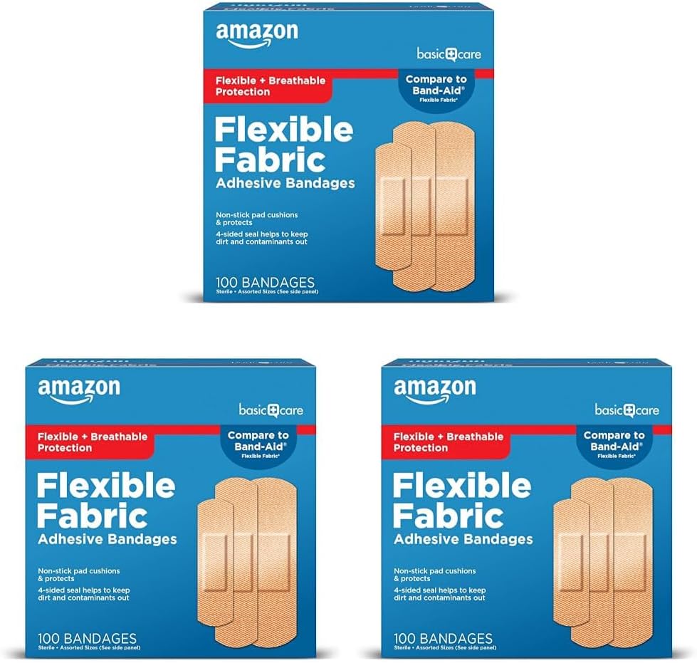 Basic Care Flexible Fabric Adhesive Bandages, Førstehjælp og Sårpleje Supplies, Assorterede størrelser, 100 Greve (pakke med 3)