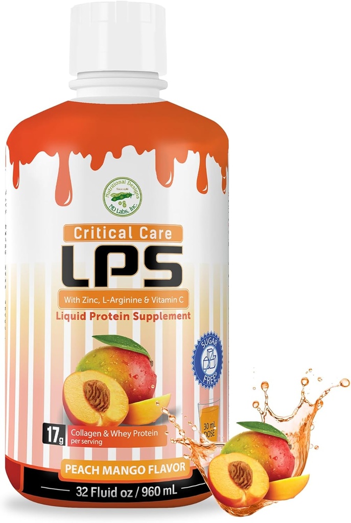 Ernæringsmæssige designs LPS flydende kollagen & whey protein supplement, sukkerfri, ikke-GMO drik, fremmer sund hud & hår til mænd & kvinder. (Kritisk pleje) Peach Mango