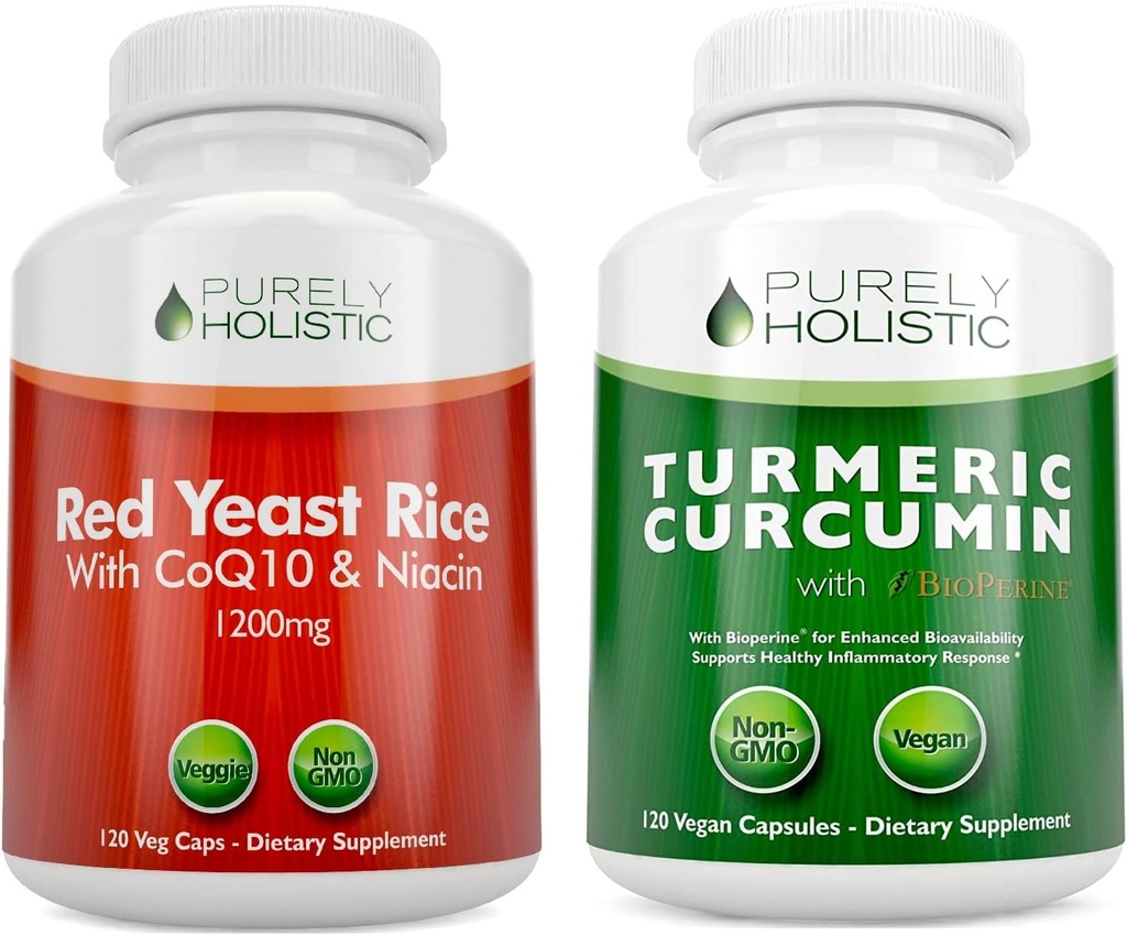 Red Gær Rice 1200mg & Niacin + Økologisk gurkemeje 700mg & Bioperine giver 95% Curcuminoider - 240 Vegetariske kapsler