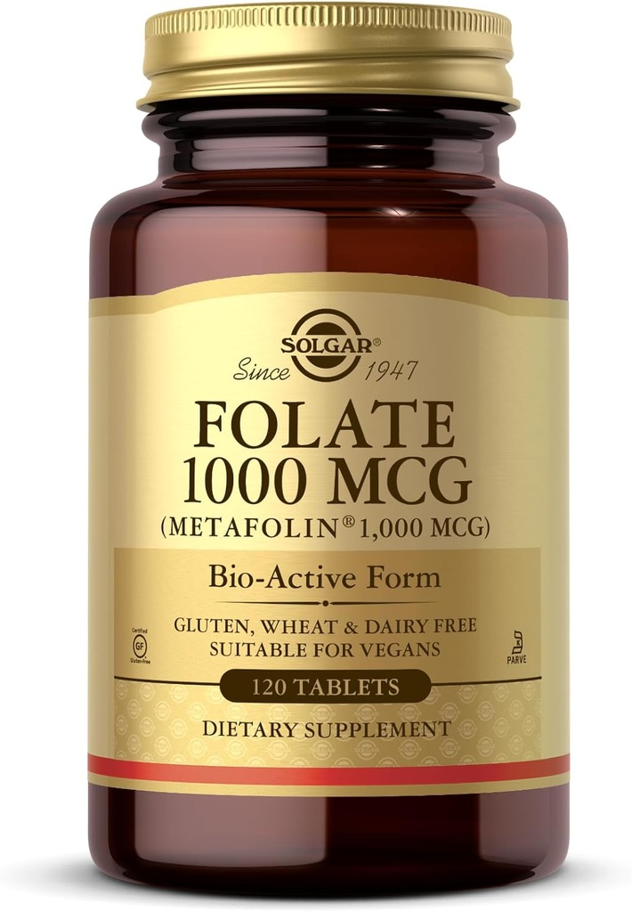 Solgar Folate 1000 mcg - 120 tabletter - 1000 mcg Bio- Active Metafolin - Vegan, Gluten Free, Dairy Free, Kosher - 120 Servere