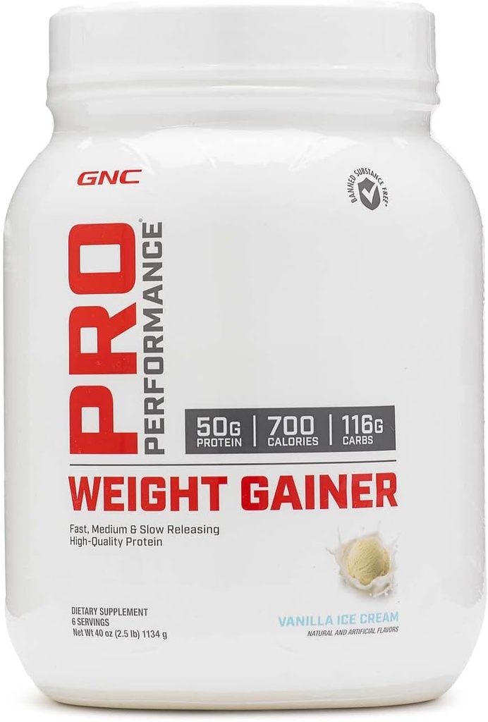 GNC Pro Performance Weight Gainer Protein Powder, 50g Protein, High Calorie, 700 kalorier, Understøtter masse og muskel Inddrivelse, MCT, BCAA, 3. part testet, Vanilla Ice Cream, 6 Serveringer, 2,5 lbs