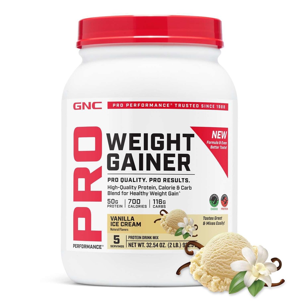 GNC Pro Performance Weight Gainer Protein Powder, 50g Protein, High Calorie, 700 kalorier, Understøtter masse og muskel Inddrivelse, MCT, BCAA, 3. part testet, Vanilla Ice Cream, 6 Serveringer, 2,5 lbs