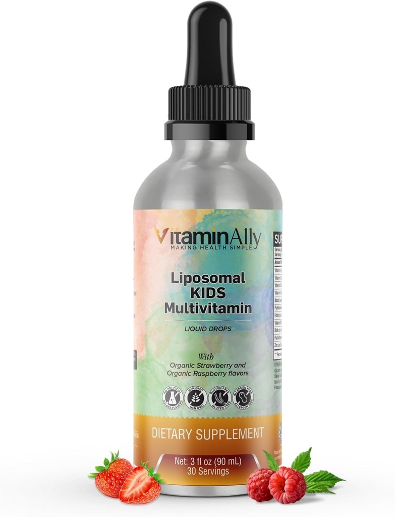 Liposomal Kids Flydende Multivitamin • 124; Non- GMO • 124; Ren - 124; Sugar Free • 124; Gluten Free • 124; Organisk Berry Flavors • 124; ImmunoSupport • 124; Knoglesundhed • 124; Samlet velbefindende • 124; 30 Servering • 124; 3 fl oz
