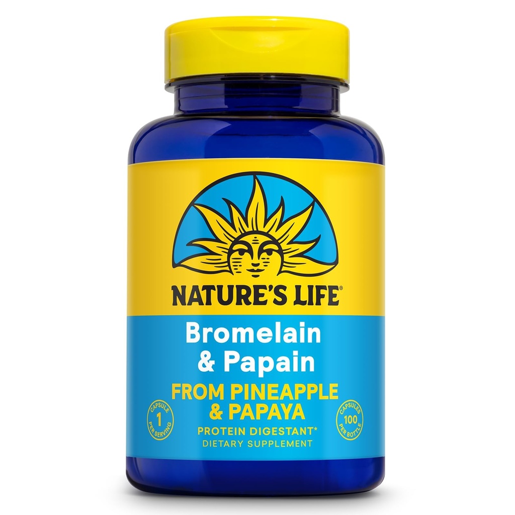 Nature 's Life Bromelain & Papain; Proteolytiske enzymer til fordøjelsesstøtte & Comfort; 124; fra Ananas & Papaya; 124; 250mg Ea; 124; 100 vegetariske kapsler