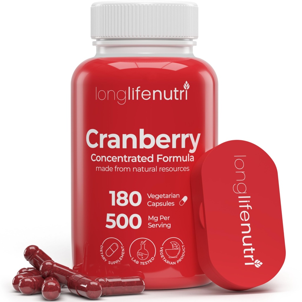 LongLifeNutri Cranberry Extract with Vitamin C & E - Pure Concentrated Formel, 500mg per Serving, 180 Vegetariske Kapsler, Urinary Tract Health & Brege, 6 Måned Supply, Made in USA