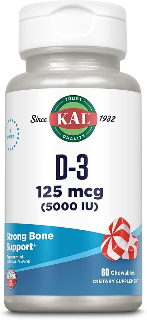 KAL vitamin D3 5000 IE 125 mcg, høj potens D-vitamin tyggemidler, Calcium Absorption, ben sundhed og immunforsvar supplement, naturlige pebermynte Flavor, 60- dag garanti, 60 Servering, 60 Tyre