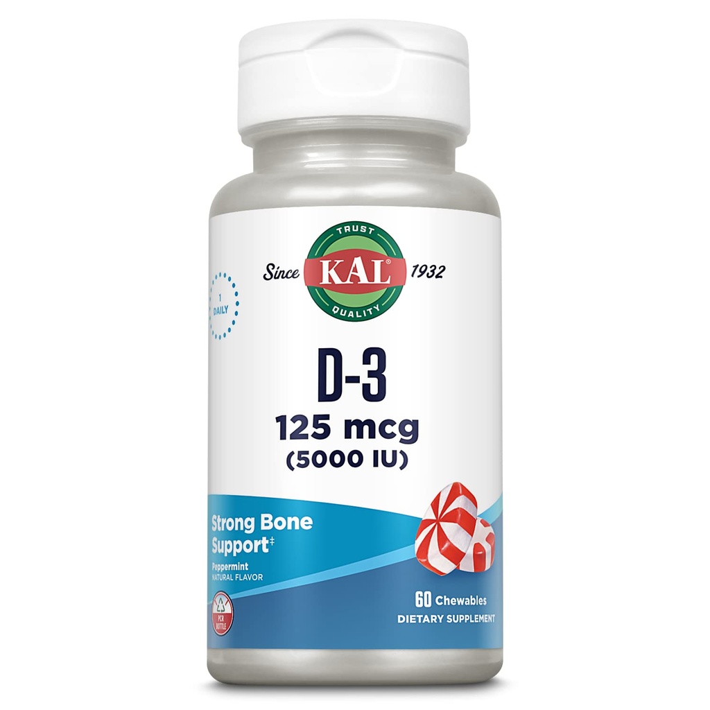 KAL vitamin D3 5000 IE 125 mcg, høj potens D-vitamin tyggemidler, Calcium Absorption, ben sundhed og immunforsvar supplement, naturlige pebermynte Flavor, 60- dag garanti, 60 Servering, 60 Tyre