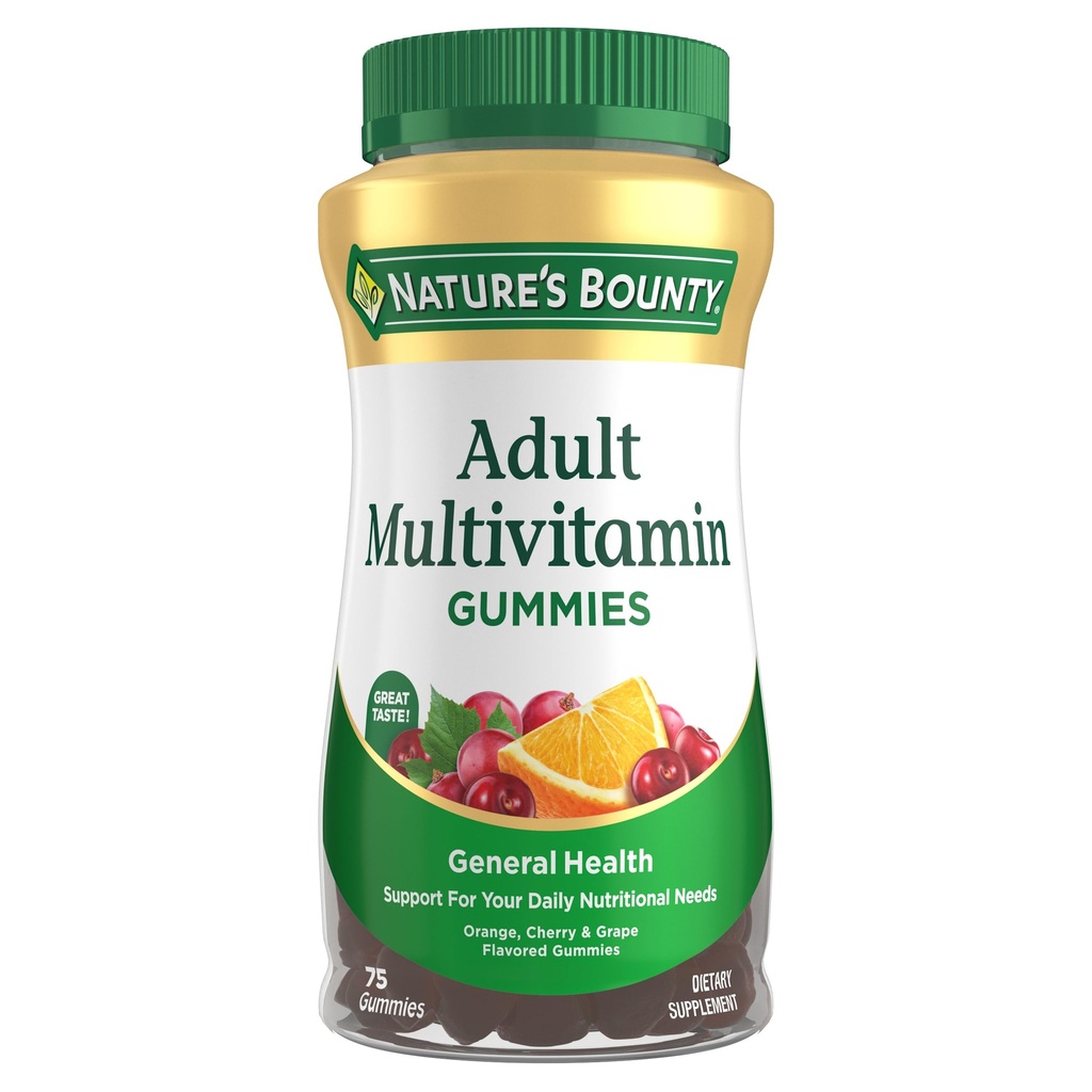 Naturens Bounty Voksen Multivitamin Gummies, Vitamin supplement, Daglige ernæringsbehov, Orange, Kirsebær og Grape Flavor, 75 Gummies